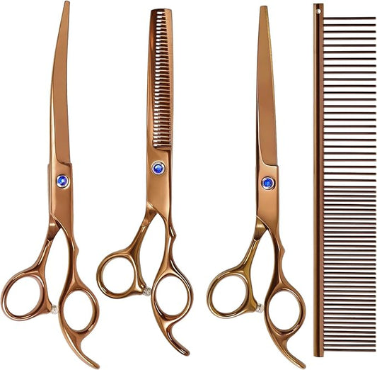 Dog Grooming Scissors, Maxshop Premium Stainless Steel Pet Grooming Trimmer Kit, Professional Thinning Shears, Curved Scissors with Comb for Dogs and Cats (Gold Set of 4)