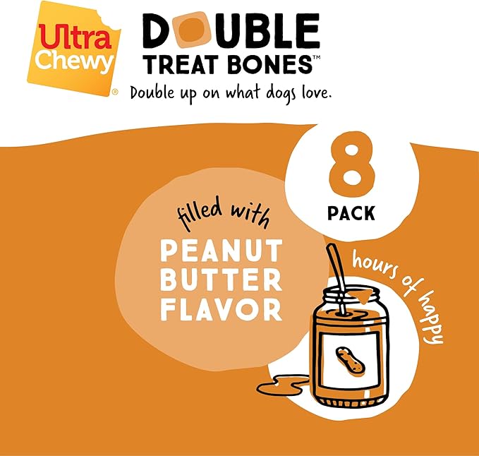 Ultra Chewy Double Treat Bones: Long-Lasting Treats Made in USA for Large and Small Breeds, Highly Digestible, for Aggressive Chewers (Peanut Butter and Bacon Cheese Flavor, 2 Packs)