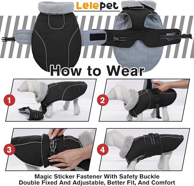 LeLePet Waterproof, Windproof Dog Coat (Black, 2XL) - Reflective, Adjustable, Polyester Cold Weather Coat with Fleece Lining for Large Dogs