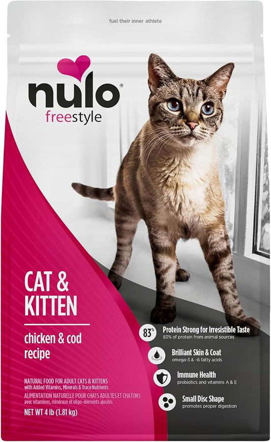 Nulo Freestyle High Protein Cat & Kitten Food, Chicken & Cod Recipe - Natural Grain-Free Dry Cat Food with Omega Fatty Acids & Probiotics, 4 lb Bag