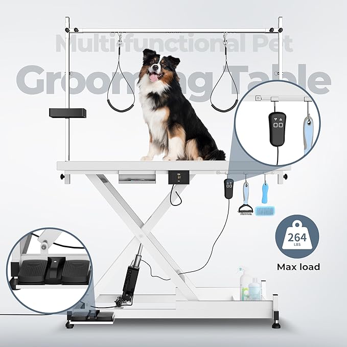 50" Electric Dog Grooming Table 9"- 37" Height Adjustable Heavy Duty Professional Lift Dog Grooming Table for Large Dogs with 2 Nooses, 4in1 Comb & Nail Care Set, Blow Dryer Clip White