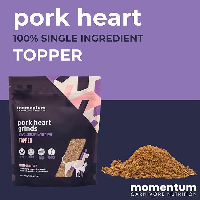 Momentum Carnivore Nutrition Freeze-Dried Pork Heart Pet Food Topper – Single-Ingredient, All-Natural Topper – High-Protein for Dogs and Cats, Grain-Free and Made in The USA– (3.75 oz Bag)