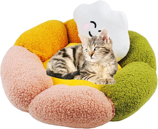 Cute Flower Cat Bed for Indoor Kittens,Calming Donut Bed with Cloud Pillow Washable Fluffy Cat Sleeping Nest Anti-Slip Bottom for Small Pet Kitten
