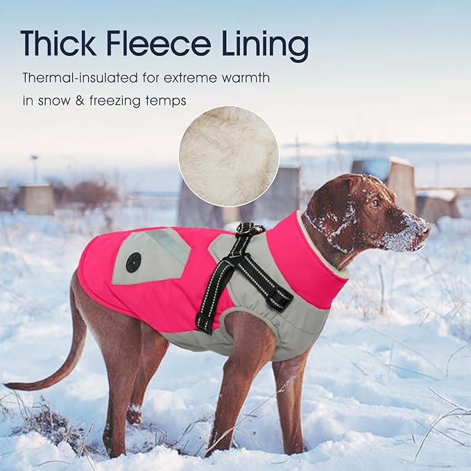 IECOii Large Dog Coat with Harness Built in - Rosered, Large - Waterproof Windproof Dog Winter Coat, Fleece Lined Zip Snow Jacket for Dogs Thermal Outdoor Snowsuit Cold Weather Jackets Bulldog