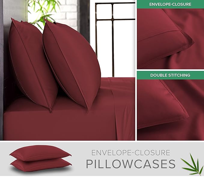 Pure Bamboo King Sheets, Genuine 100% Organic Viscose Derived from Bamboo Bed Sheet Set, Luxuriously Soft & Cooling, Double Stitching, 2 Year Quality Promise (King, Merlot)