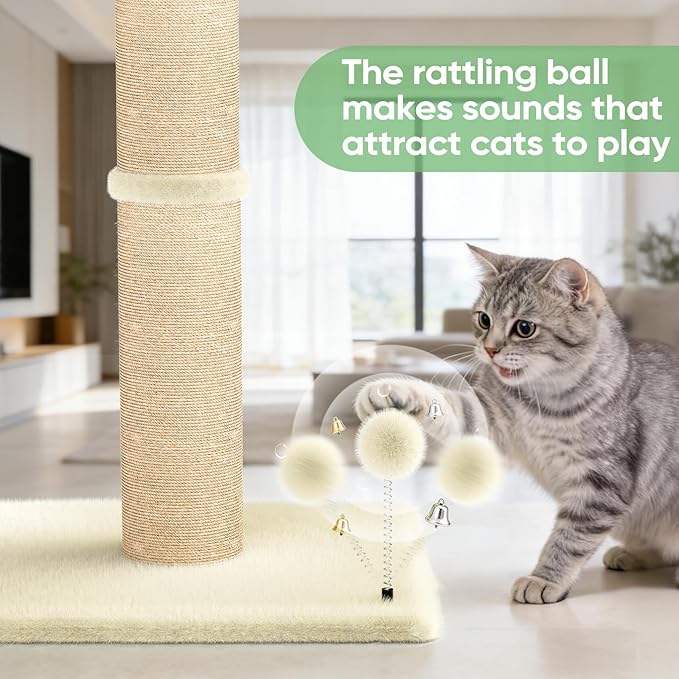 XiaZ Cat Scratching Post 34'' Tall, HeavyDuty and Thicker Cat Tower Scratcher with 2 Interactive Toy Balls, Premium Natural Sisal & Plush Fabric for Small, Medium Large Cats (Beige, 4.5in)