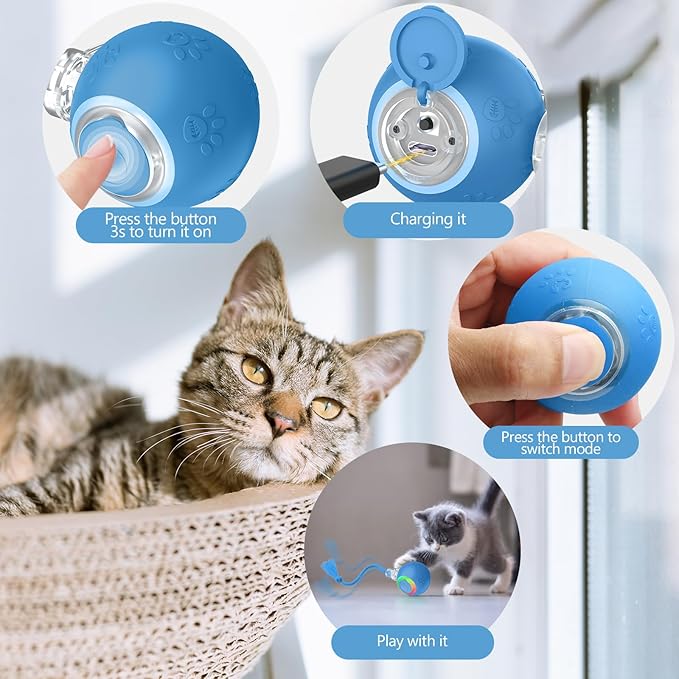 Interactive Cat Toys, Automatic Moving Cat Toys for Bored Indoor Adult Cats, Fast Rolling, Chirping & Motion-Activated Kitty Toys, Fun Gift for Cats with Speedy Tail 2.0, USB Rechargeable (Blue)