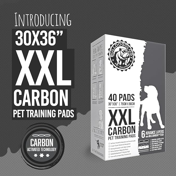 Bulldogology Charcoal XXL Pee Pads for Dogs (30x36) Puppy Pee Pads with Adhesive Sticky Tape - Leak Proof Charcoal Puppy Pads - Ultra Absorbing Charcoal Dog Pads - Activated Carbon Pee Pads (40-Count)