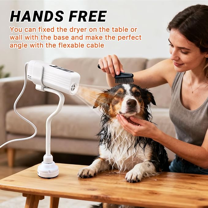 Pet Hair Dryer, Dog Dryer 1000W Powerful Blower with Hanging Neck Strap & Stand, 3 Heat/Speed, Brushless Motor for Fast Drying, Negative Ion, Ultra Lightweight for Home & Travel Grooming
