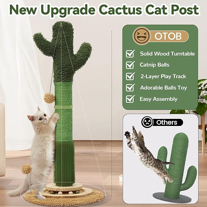 OTOB 36" Tall Cat Cactus Scratching Post, Natural Sisal Rope Cat Scratcher Post, Vertical 6-in-1 Interactive Turntable Cat Scratch Post with Soft Ball Toys, Protect Your Furniture (Green/Brown)
