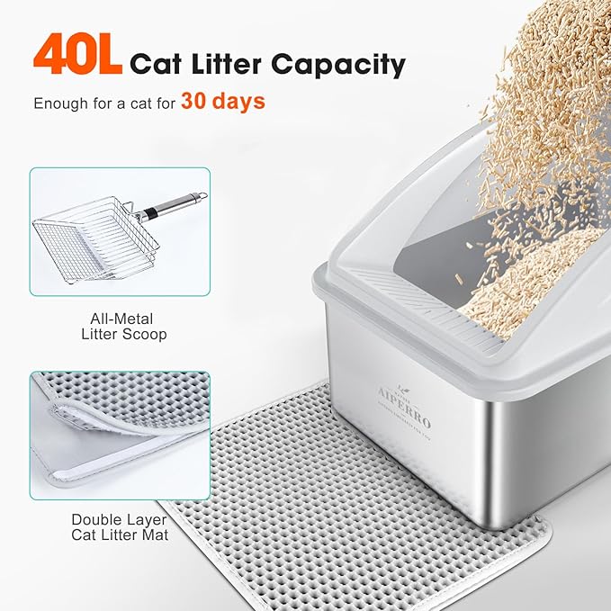 Stainless Steel Litter Box | XXL Deepened 8" Design Enclosed Box with Lid for Big Cats | High Sided, Anti-Urine Leakage | Non-Stick Bottom & Includes Litter Mat & Metal Scoop