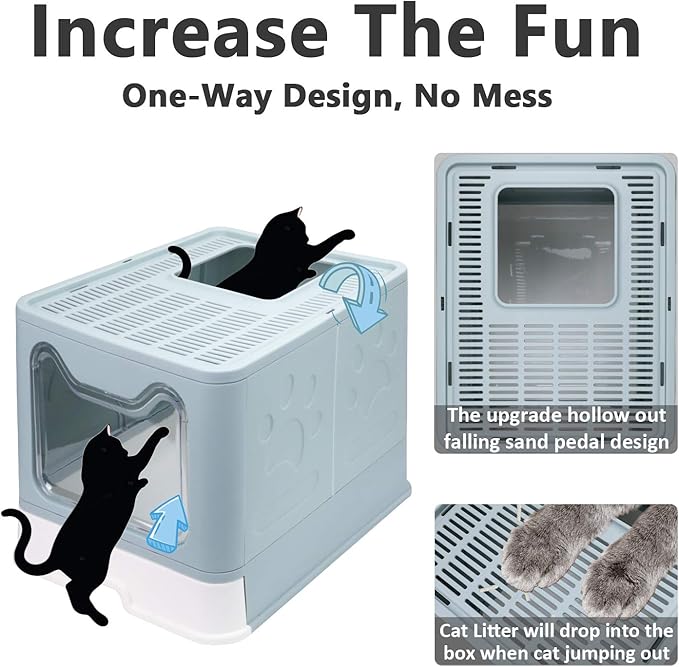 Foldable Cat Litter Box with Lid, Enclosed Potty, Large Top Entry Anti-Splashing Toilet, Easy to Clean Including Litter Scoop and 2-in-1 Cleaning Brush (Blue)