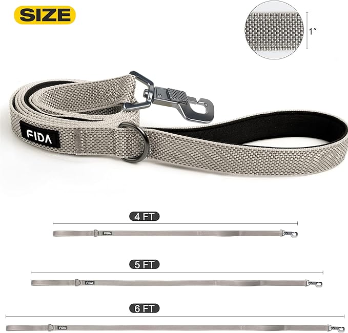 Fida 4 FT Heavy Duty Dog Leash with 2 Comfortable Padded Handles, Traffic Handle & Advanced Easy Snap Hook, Reflective Walking Lead for Large, Medium & Small Breed Dogs, Grey