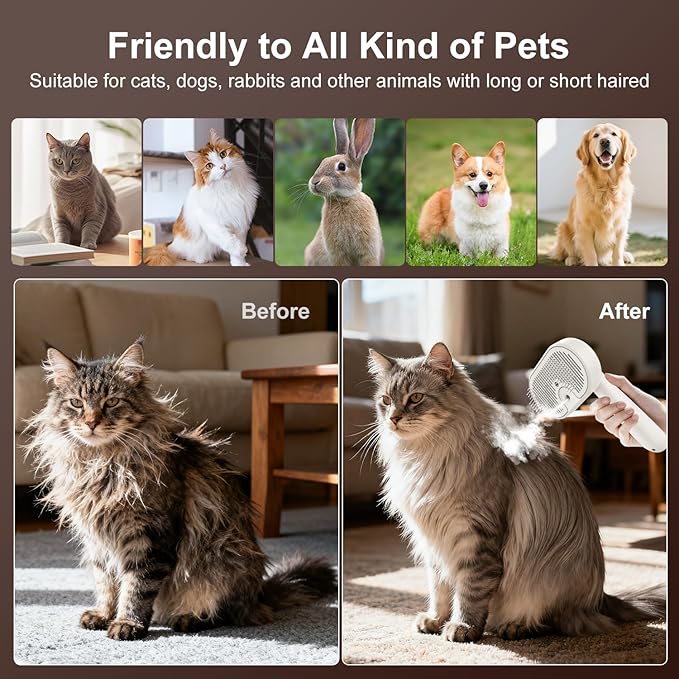 3 in 1 Cat Steam Brush, Dog Steam Brush for Shedding with Low-Noise Design, Pets Spray Hair Removal Comb for Long and Short Hair Pets, Stainless Steel Bristles, Cool Mist