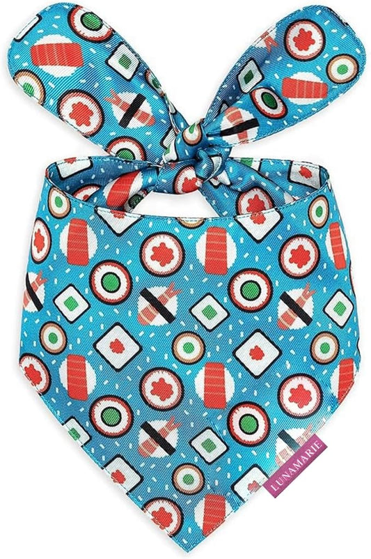 LunaMarie - Luxury Pet Birthday Bandanas -Premium & Silky Poly Fabric | 100% Handmade | Custom Shape Dual Layered (Sushi, Medium)