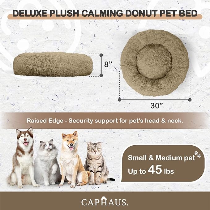 CAPHAUS 24/30 Inch Calming Donut Pet Bed for Small/Medium Cats and Dogs, Anti-Slip Bottom, Washable, Anti-Anxiety Fluffy Round Cat Bed, Indoor Shaggy Cuddler Cotton Candy Brown, Light Gray, Pink Bed