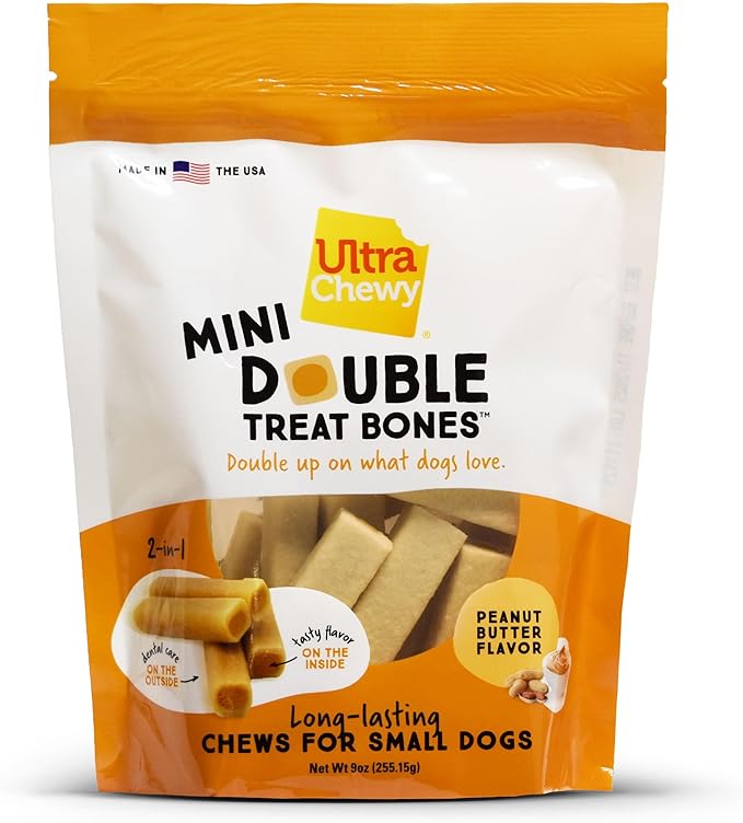 Ultra Chewy Mini Double Treat Bones: Long-Lasting Dog Treats Made in USA, Highly Digestible, Ideal for Aggressive Chewers 9oz (Peanut Butter and Chicken Flavor, 2 Packs)