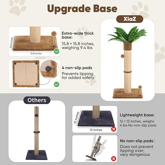 XiaZ Cat Scratching Post 34 Inches Tall, Cat Tower Scratcher Extra Wide 15.8" Stable Base with 4 Non-Slip Pads, 2 Interactive Toy Balls, Natural Sisal & Plush Fabric for Any Cats (Brown, 4.5in)