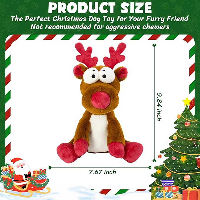 Christmas Squeaky Dog Toys, Stuffed Toys with Crinkle Paper, Interactive Toys to Keep Them Busy, Durable Plush Reindeer for Small, Medium and Large Dogs.