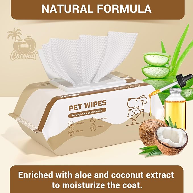 100 Coconut Oil Dog Wipes for Paws and Butt Large Thick Puppy Wipes for Dogs Face and Body Dog Wipes Cleaning Deodorizing Cat Wipes Cleaning Fur and Butt Big Doggie Wipes Doggy Wipes Bum Dog Ear Wipes
