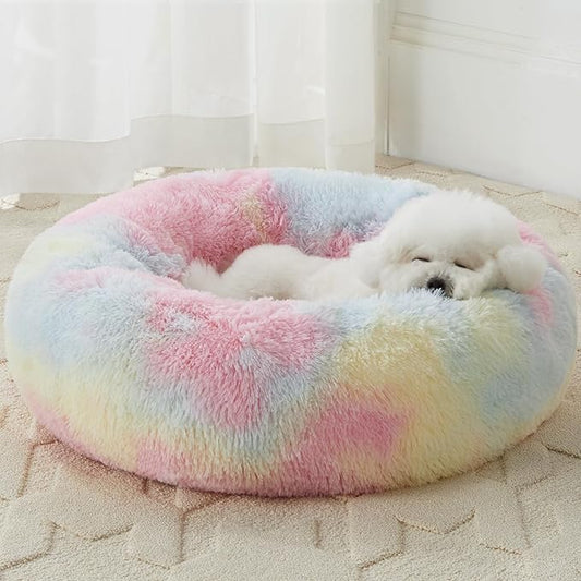 WNPETHOME Calming Dog Bed Cat Bed Donut, Faux Fur Pet Bed Self-Warming Donut Cuddler, Comfortable Round Plush Dog Beds (20 x 20 x 8 Inch, Rainbow)