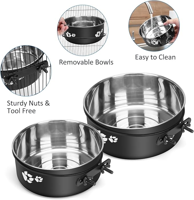 Kennel Water Bowls No Spill, 2pack Stainless Steel Dog Food & Water Bowls for Kennel Cage Crate, Hanging Pet Bowls for Small and Large Dogs, Cats...(7.1 * 2.8”& 6.3 * 2.6”)