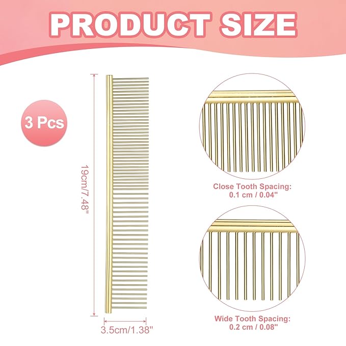 Dog Cat Comb, Pet Combs Stainless Steel Teeth with Rounded Ends for Knots Mats Loose Hair Removal, 7.5IN (Gold Plated, 3 Pack), Grooming Tool Intended for Long Curly Hair Pet