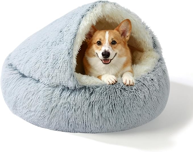YUDANSI Calming Small Dog Bed & Indoor Cat Bed - Plush Fluffy Hooded Cave Nest, Anti-Slip Self-Warming, Removable Washable Zipper Cover, Built-in No-Collapsing Support (Grey-65cm/26in)