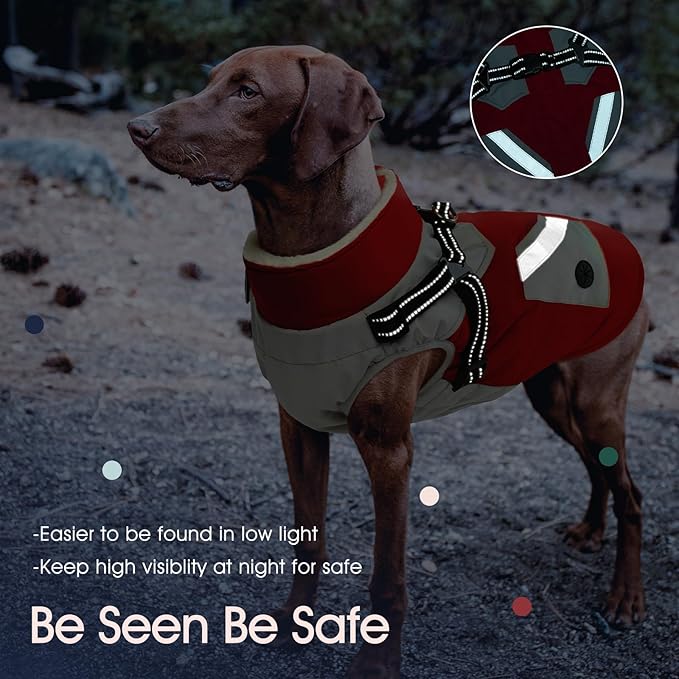 IECOii Dog Coat with Harness Built in - Red, Large - Waterproof Winter Coat, Fleece Lined Snow Jacket for Dogs