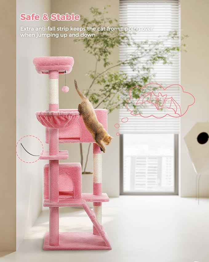 Pink Cat Tree for Large Cats with Super Large Top Perch,56.2" Multi-Level Tower for Indoor Cats with Hammock, Cat Shelves with Scratching Posts and 2 Condos Houses, Pink