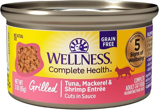Wellness Complete Health Grilled, Adult Wet Cat Food, Natural, Protein-Rich, Grain-Free, Canned, 3 Ounce, 12 Pack, (Tuna, Mackerel & Shrimp Entrée Recipe)