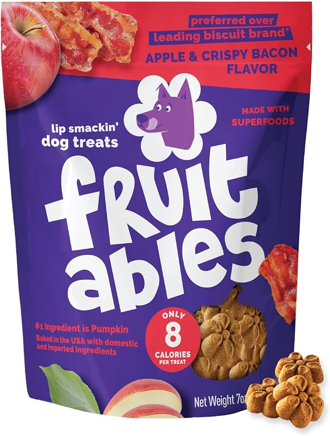 Fruitables Baked Dog Treats, Pumpkin Snacks for Dogs, Low Calorie & Delicious, No Wheat, Corn or Soy, Healthy Puppy Training Treats, Made in the USA, Apple and Crispy Bacon Flavor, 7oz