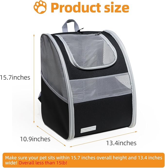 Cat Carrier Backpack with Reflector with Safety Leash Up to 15Lbs,Pet Carrier for Small Dogs and Medium Cats Kitten Puppy Bunny,Foldable Small Medium Dog Travel Carrier Backpack,Black