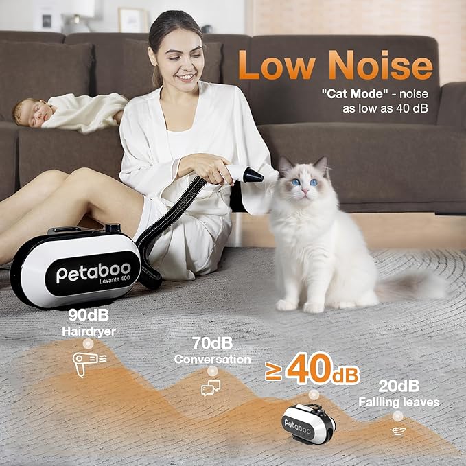 petaboo Dog Blow Dryer - Ultra-Quiet,Negative Ion Technology,3-in-1 Nozzles & Adjustable Speed/Temp, Portable & All-in-One Storage for Dogs & Cat