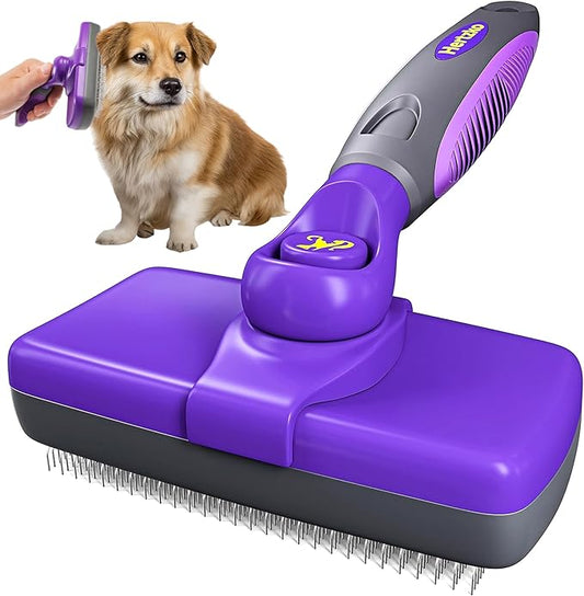 Hertzko Self Cleaning Slicker Brush for Dogs and Cats - Pet Hair Brush for Shedding Long and Short Hair - Easy Clean Retractable Bristles - Cat and Dog Grooming Tool - Purple