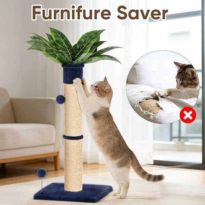 XiaZ Cat Scratching Post 34'' Tall, Cat Scratchers Tree Tower for Indoor Kitty with Extra Wide 15.8" Stable Base and 2 Toy Balls, Natural Sisal & Plush Fabric for Small, Medium Cats(Navy Blue, 2.8in)