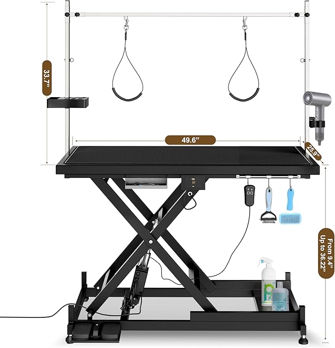 50" Electric Dog Grooming Table 9"- 37" Height Adjustable Heavy Duty Professional Lift Dog Grooming Table for Large Dogs with 2 Nooses, 4in1 Comb & Nail Care Set, Blow Dryer Clip Black