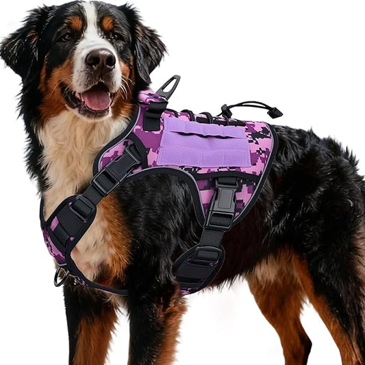 Heavy-Duty Tactical Dog Harness for Large Dogs, No Pull Adjustable Reflective Pet Vest with Molle System, K9 Military-Grade Control for Service Training, Outdoor & 10+ Breeds, Purple Camo, XX-Large