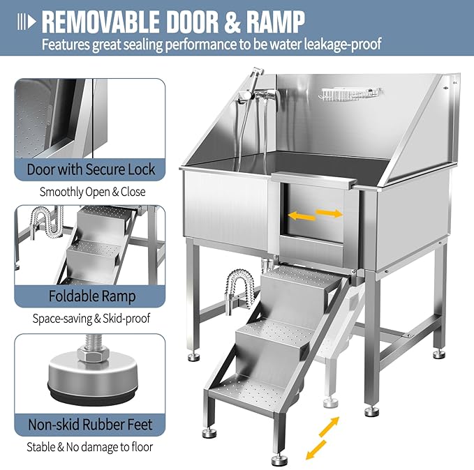 38" Pet Dog Bathing Station W/Ramp, Professional Stainless Steel Dog Grooming Tub W/Soap Box, Faucet, Rich Accessory, Dog Bathtub for Large, Medium, Small Pets, Washing Sink for Home,R-RAMP