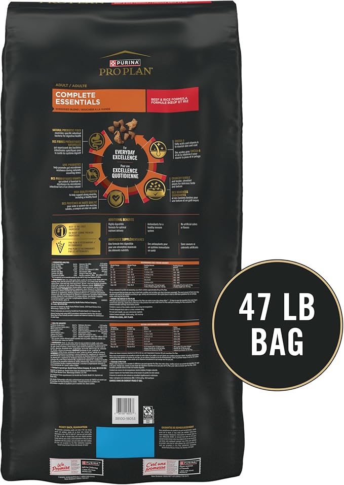 Purina Pro Plan Complete Essentials Shredded Blend Beef and Rice Dog Food Dry Formula with Probiotics for Dogs - 47 lb. Bag