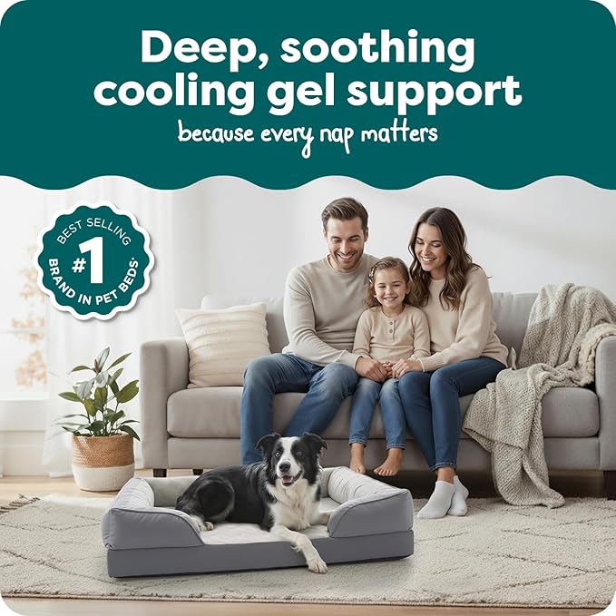 Furhaven Cooling Gel Dog Bed for Large/Medium Dogs w/ Removable Bolsters & Washable Cover, For Dogs Up to 55 lbs - Plush & Velvet Waves Perfect Comfort Sofa - Granite Gray, Large