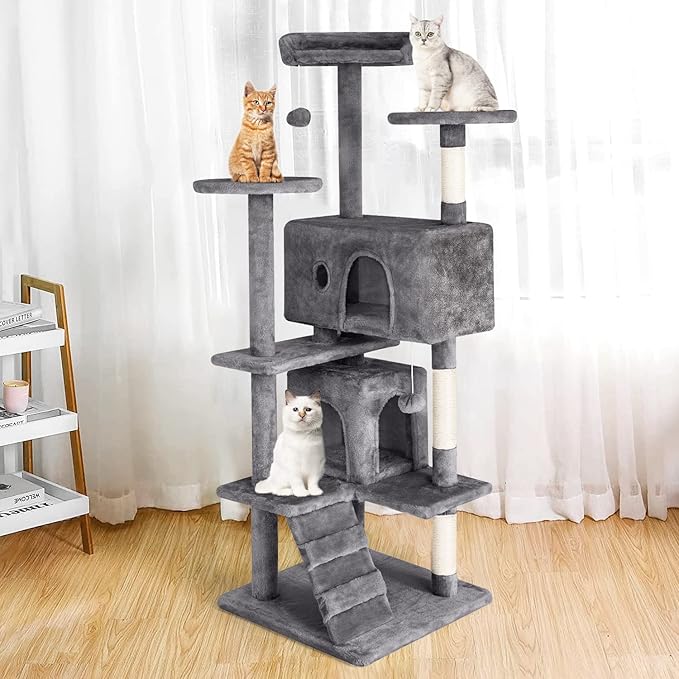 PayLessHere Cat Tree 54in Cat Tower with Cat Scratching Post,Multi-Level Cat Condo Stand House Furniture Kitty Activity Center with Furry Ball Toys Cat Tree for Indoor Cats, Light Gray