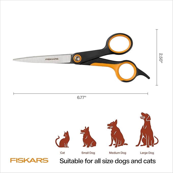Fiskars Pet Trimming Scissors, Dog & Cat Grooming Scissors, Precision Stainless Steel Blades & SoftGrip™ Handle, Cat and Dog Supplies, 6.75”, Orange/Black