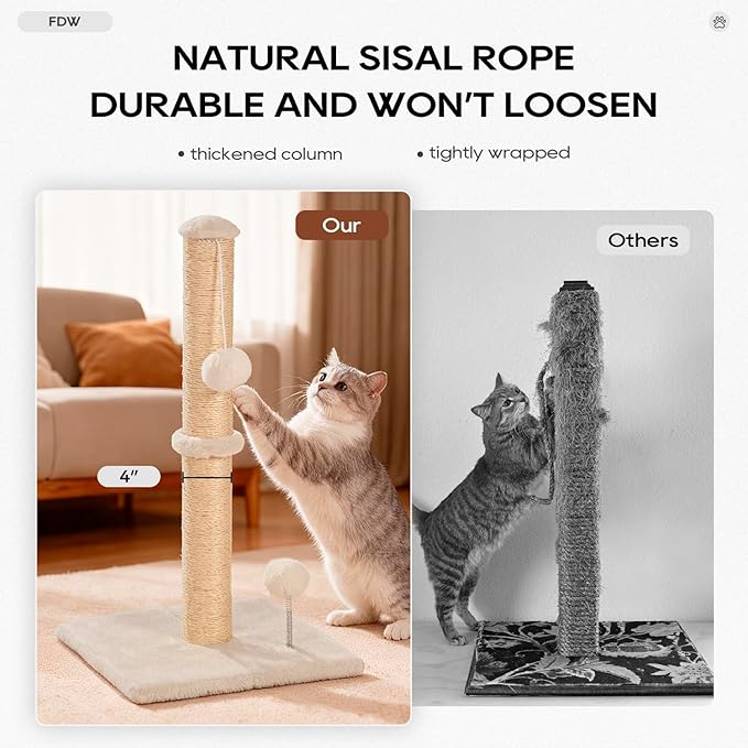 FDW 33 Inch Cat Scratching Post Cat Scratcher Natural Sisal Rope Scratch Post Trees with Hanging Ball for Indoor Cats and Adults,Beige