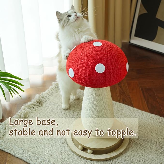 Mushroom Cat Scratching Post: 3-in-1 Sisal Scratcher with Bed & Ball - Sturdy Weighted Base, Space-Saving Design for Kittens & Cats