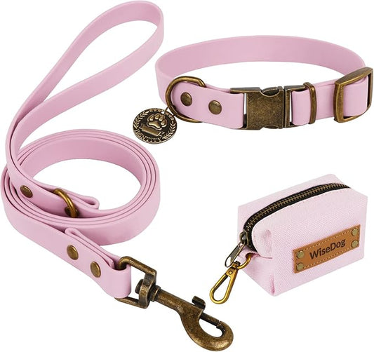 Wisedog Dog Collar and Leash Set, Waterproof Adjustable Puppy Collars with Cute Tag 4FT Dog Leash with Poop Bag for Small Medium Large Dogs (XS, Pale Pinkish Purple)
