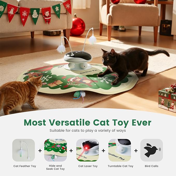 Gardner Pet Christmas Cat Laser Toys, Chargeable 5 in1 Hide and Seek Automatic Interactive Cat Toy, Moving Ambush Feather, Track Balls,Indoor Exercise Kicker 24 inch Cover for All Breeds, 600mAh