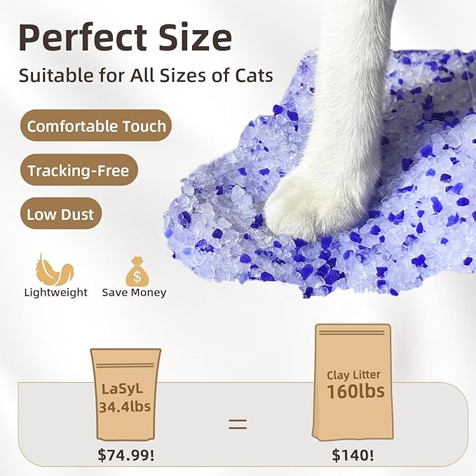LaSyL Premium Crystal Cat Litter - 34.4 lb, Four Months Lasting - Superior Odor Control & Absorption, Non-Clumping, Low Tracking Silica Gel Safe for Pet, White & Blue (8 Bags of 4.3 lb)