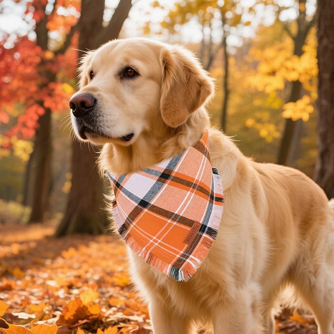 PTDECOR Fall Dog Bandanas with Tassels Edges, 2 Pack Orange Plaid Scarf Bib, Halloween Thanksgiving Pet Bandana, Reversible Triangle Bandanas for Small Dogs Puppies Cats(Small)