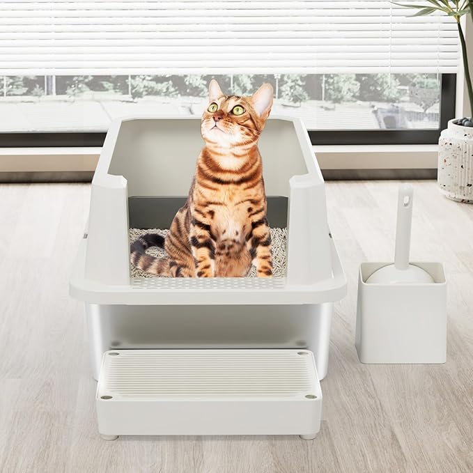 RIZZARI Open Cat Litter Box: Large Beige Stainless Steel Litter Pan 23.8" x 15.9" x 12.4" - High Sided Splash-Proof Easy Clean Toilet for Cats up to 20 lbs - Ideal for - Laundry Areas - Apartments